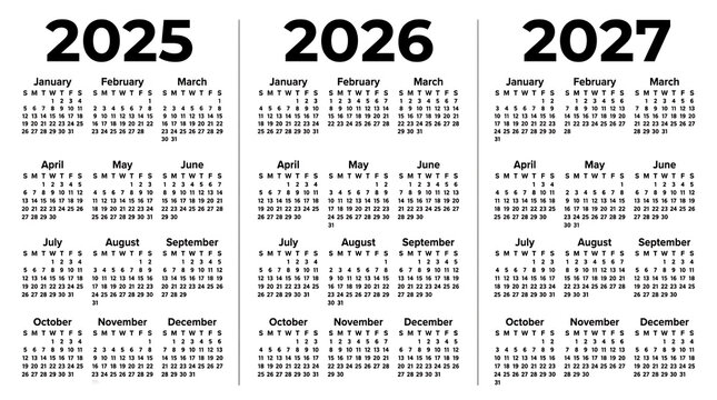 Three year calendar template for 2025 2026 and 2027 in a clean minimalist vector layout.