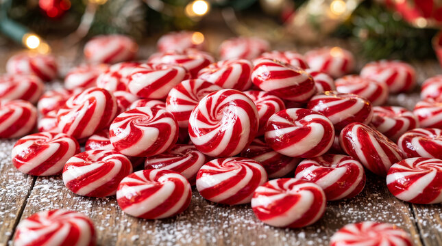 Pile of red and white swirled candies scattered on a rustic wooden surface, dusted with sugar, evoking holiday cheer and festive treats