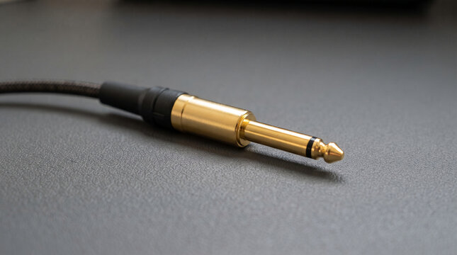 Close-up of a gold-plated audio jack plug and cable on a textured gray surface, symbolizing connection and audio technology