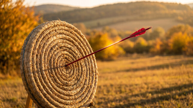 A straw target with a red arrow in the center against an autumn landscape, symbolizing focus, accuracy, and achievement in outdoor sport.