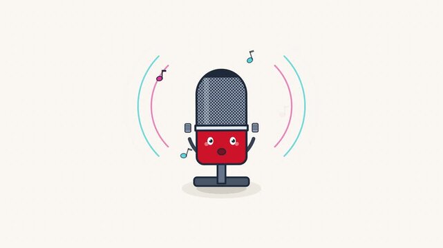 Cute red animated microphone singing with musical notes and sound waves