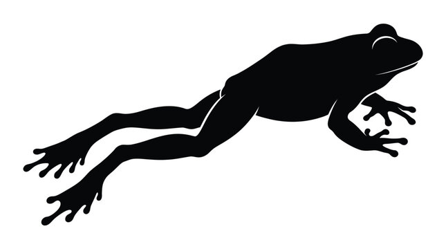 Jumping frog silhouette vector graphic illustration featuring a minimalist black design element isolated on a clean pure white studio background