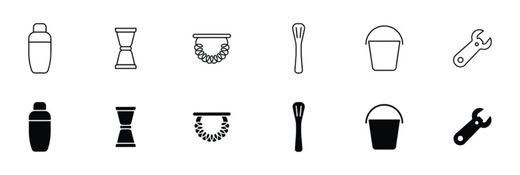 Bar tool icon set with cocktail shaker and measuring jigger in black