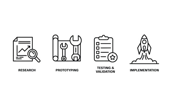 Product development process line icon set showing research prototyping testing and validation and rocket launch implementation steps for business strategy