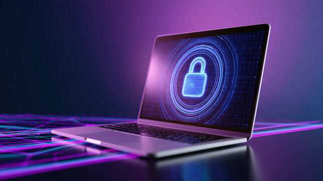 Cybersecurity and network security concept with digital padlock icon on laptop screen for data privacy protection