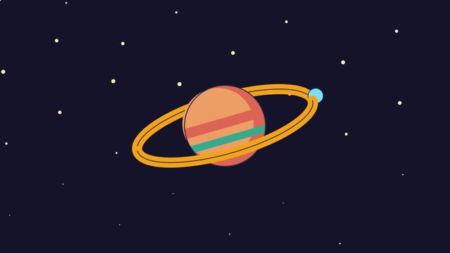 Animated ringed planet floating in deep space with orbiting moon and glowing stars