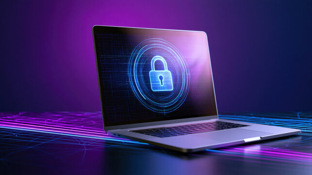 Cybersecurity concept with digital padlock icon on a laptop screen representing data protection and internet safety