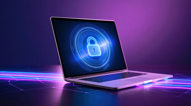 Cybersecurity concept with digital padlock on laptop screen showing network data encryption and internet protection