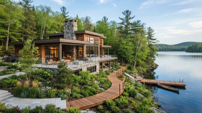 Modern lakeside house with curved wooden walkway and glass terrace railing