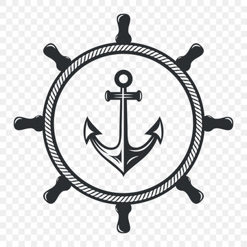 Nautical Anchor and Ship Wheel Emblem, Vector Illustration. Black and White Marine Steering Wheel with Anchor Inside Round Rope Frame. Vintage Sea Travel Symbol. Sailor Maritime Badge. Ocean Logo