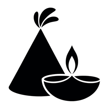Diwali oil lamp diya and flower pot firework black silhouette icon isolated on white background