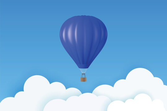 Vector Travel Banner with 3d Realistic Black and Blue Hot Air Balloon Icon on a Blue Sky Background. Design Template, Summer Vacation, Travelling, Tourism and Journey Concept
