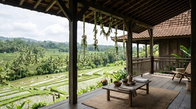 Traditional balinese wooden terrace overlooking rice fields