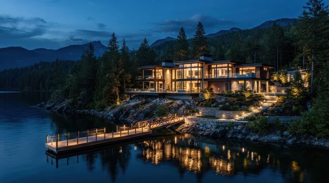 Modern lakeside house with illuminated windows and wooden dock at dusk