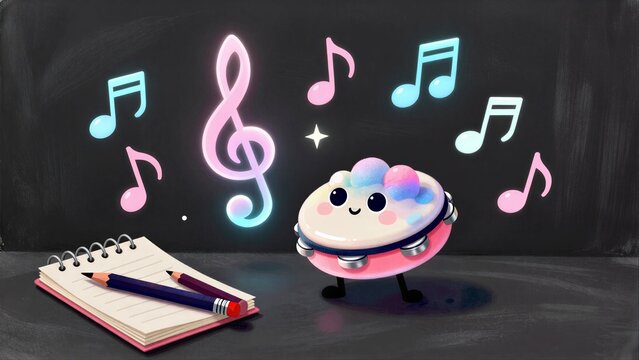 A cheerful, musical brain character dances with notes and a treble clef near notebooks.