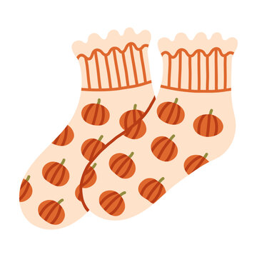 Cute cream frilled socks with orange pumpkin pattern vector isolated on white background. Great for autumn fashion graphics, Thanksgiving prints, cozy fall clothing designs, and decor
