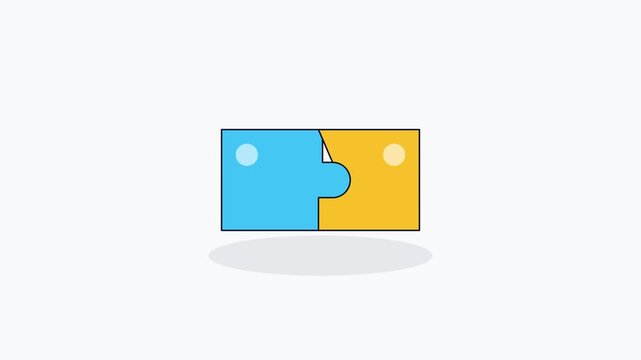 Blue and yellow puzzle pieces sliding together to connect on white background