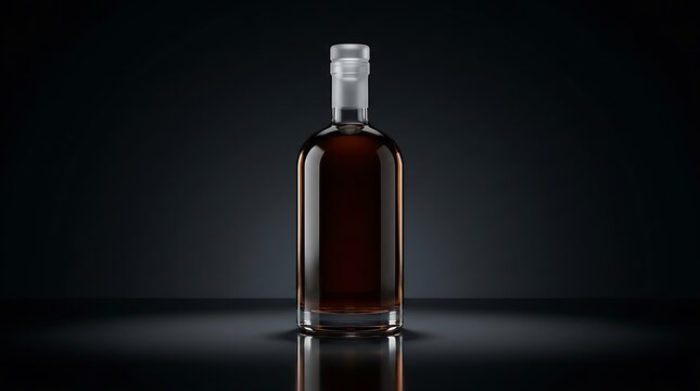 A sleek 2 liter bottle filled with dark amber liquid standing upright on a reflective black surface in studio lighting