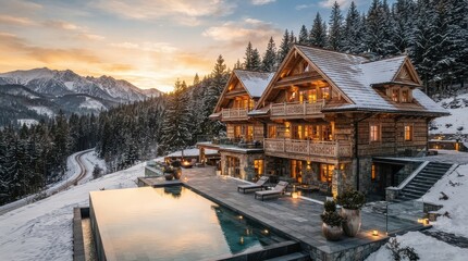 Fototapeta premium Timber mountain chalet with infinity pool overlooking snowy forest at sunset