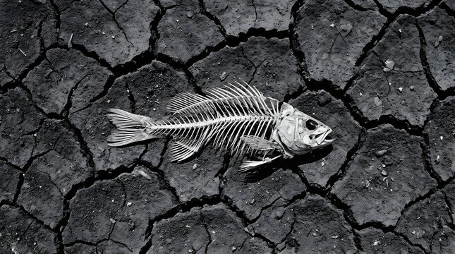 Fish skeleton on dry cracked earth