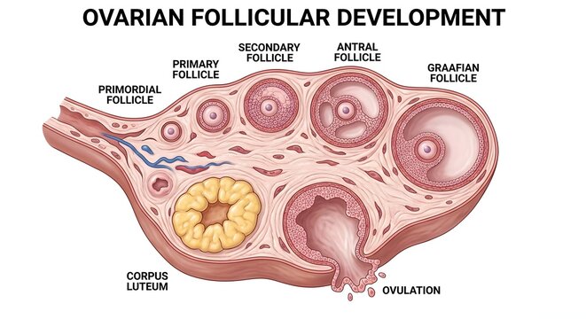 Ovarian Follicular Development Diagram Showing Stages of Follicle Maturation and Ovulation
