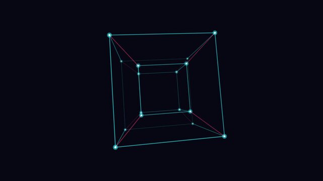 Abstract 3D Wireframe Cube Rotating with Glowing Nodes and Connective Lines on Dark Background