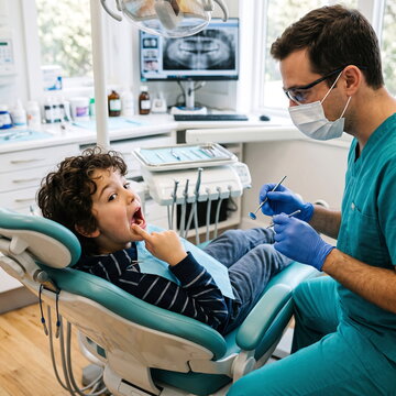 Child Patient Bravely Undergoing Dental Checkup with Male Dentist
