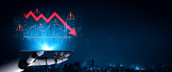AI visualizes economic caution with smart graphs, alert icons, and data trend analysis, helping businesses respond to financial instability and risk. Artificial intelligence spline