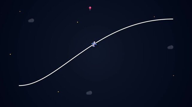 2D Animation of Airplane Flying on Curved Path in Starry Night Sky