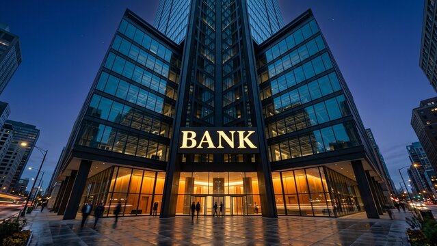 Modern Bank Building with Illuminated Sign in the Evening