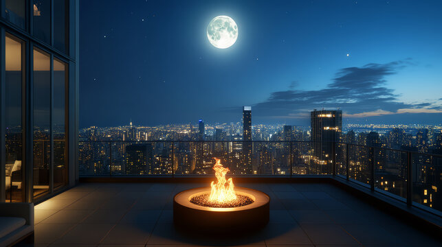 Cozy rooftop scene at night with glowing fire pit and bright moon illuminating city skyline