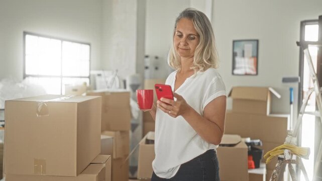 Woman holding red mug in left hand and red smartphone in right, looking at phone screen while standing among packed moving boxes and ladder in building; quiet contemplation.