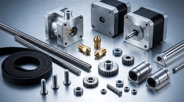 A collection of 3d printer parts and accessories including stepper motors, lead screws, timing belts and nozzles.