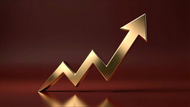 Golden upward arrow symbolizes growth and success against a rich red background.