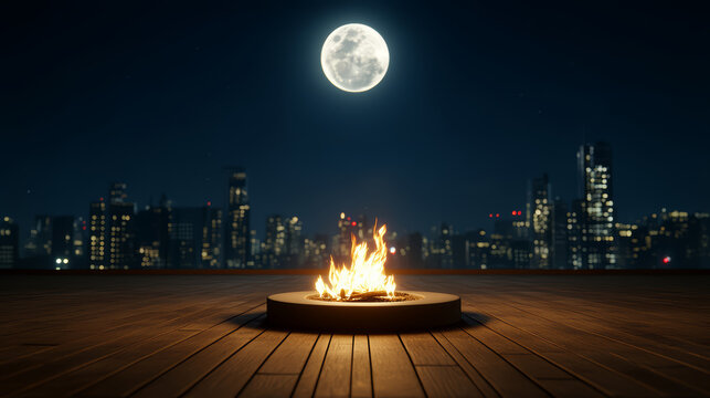 Cozy rooftop scene at night with glowing fire pit and bright moon illuminating city skyline