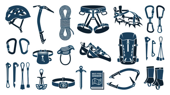 Outdoor Climbing and Mountaineering Equipment Vector Silhouette Icons. Flat Sport Gear Set.