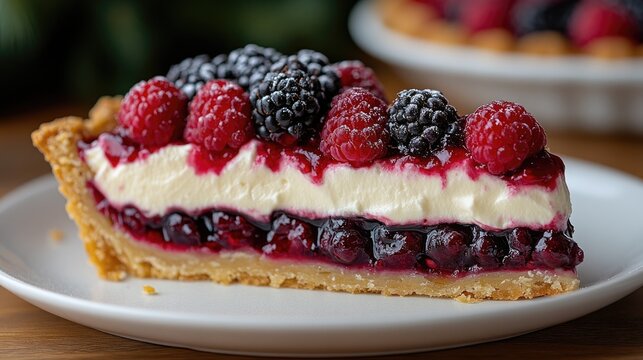 Delicious berry tart slice showcasing fresh raspberries and blackberries with creamy filling