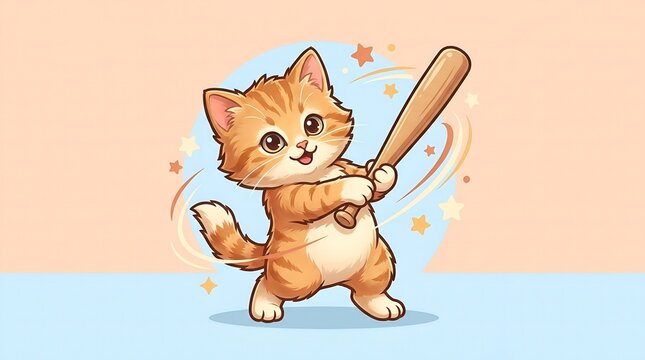 Charming cartoon kitten taking swing with wooden bat in fun baseball match
