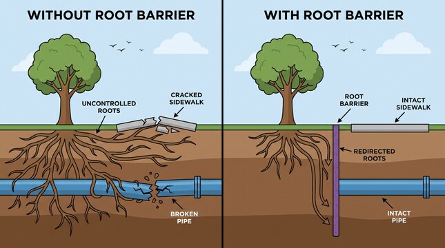 Tree root barrier comparison showing pipe and sidewalk protection
