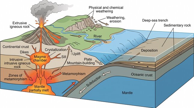 Geological diagram showing rock cycle and plate tectonic processes
