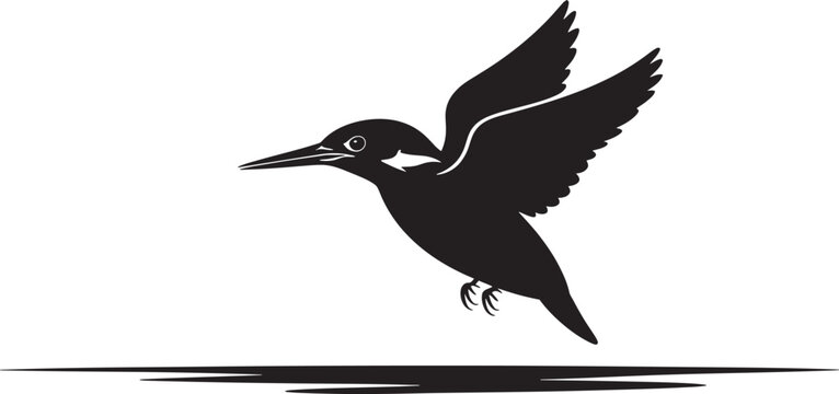 A simple black vector illustration of a kingfisher bird in flight, showing its elegant shape and wing posture in a minimalist artistic style.