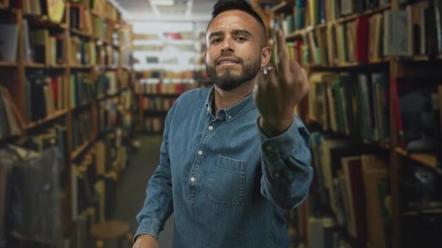 Man shows middle finger toward camera in a library building aisle lined with books and shelves; defiance protest.