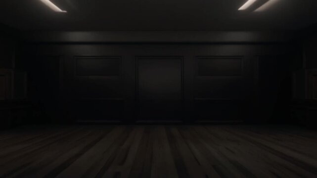 Neon Light Sign Featuring The Word Justice Displayed In A Dark Room With Wood Floor Interior Design Background Concept