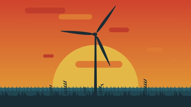 Minimalist graphic animation of a rotating wind turbine at sunset