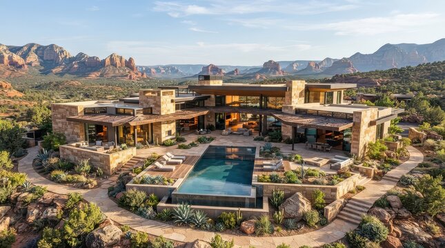 Wide desert residence with central swimming pool and red rock formations