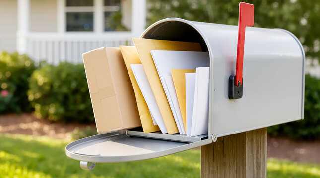 Open Mailbox Packed with Envelopes, Letters and Cardboard Parcel Box on Front Yard Lawn in Residential Suburb