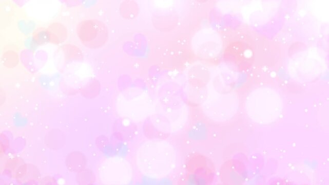 ハートのボケと光の粒子が浮遊するパステルピンクのシームレスループ動画素材/ Abstract glowing heart bokeh and particles loop on pastel pink background