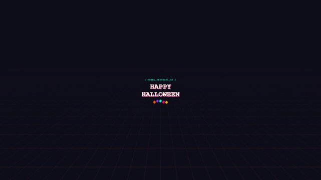 Synthwave Happy Halloween neon text animation with 80s retro arcade grid background and glowing pixel elements