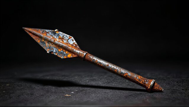 Rusty spearhead lies against dark background, weathered metal gleaming with age.
