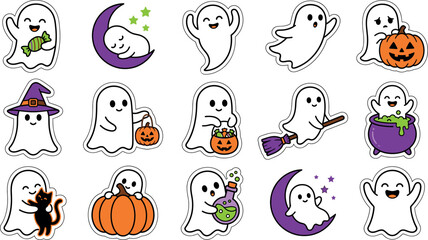 Fototapeta premium Halloween cute ghost sticker vector set featuring friendly cartoon phantoms with spooky pumpkin and witch broom elements